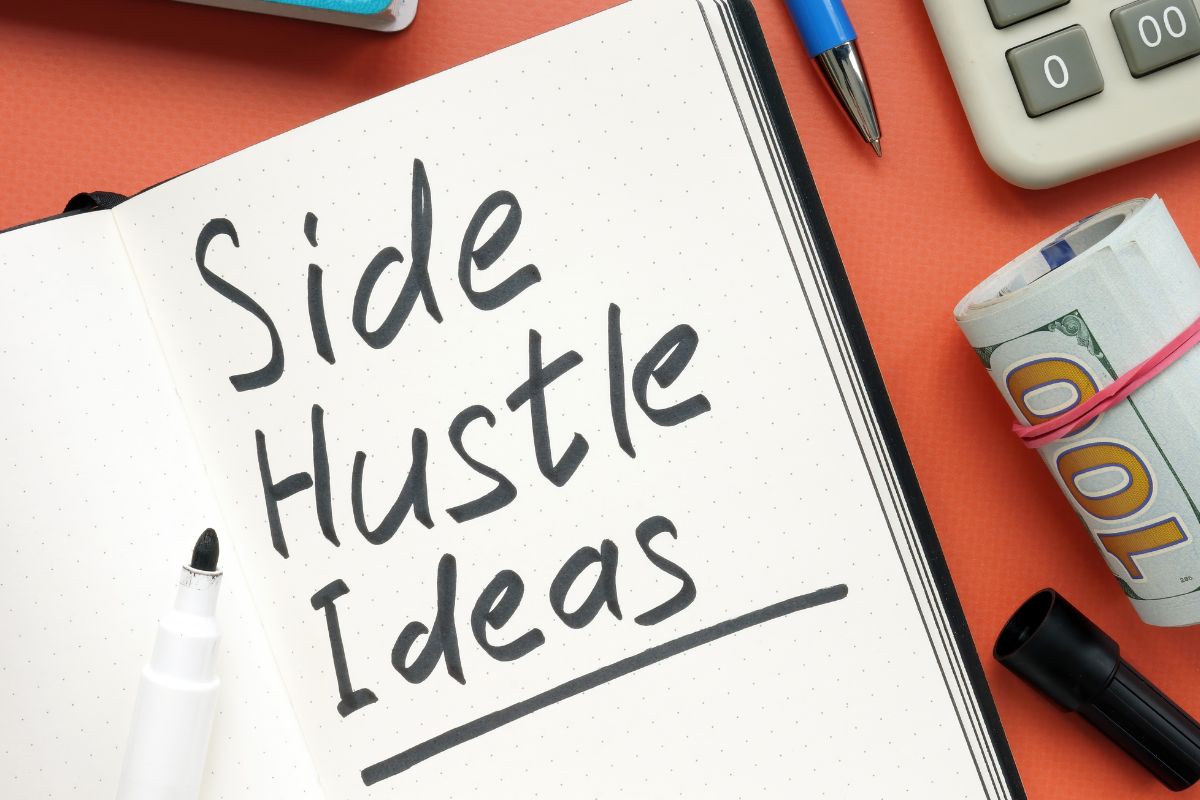 Image of a notebook with side hustle ideas wording.