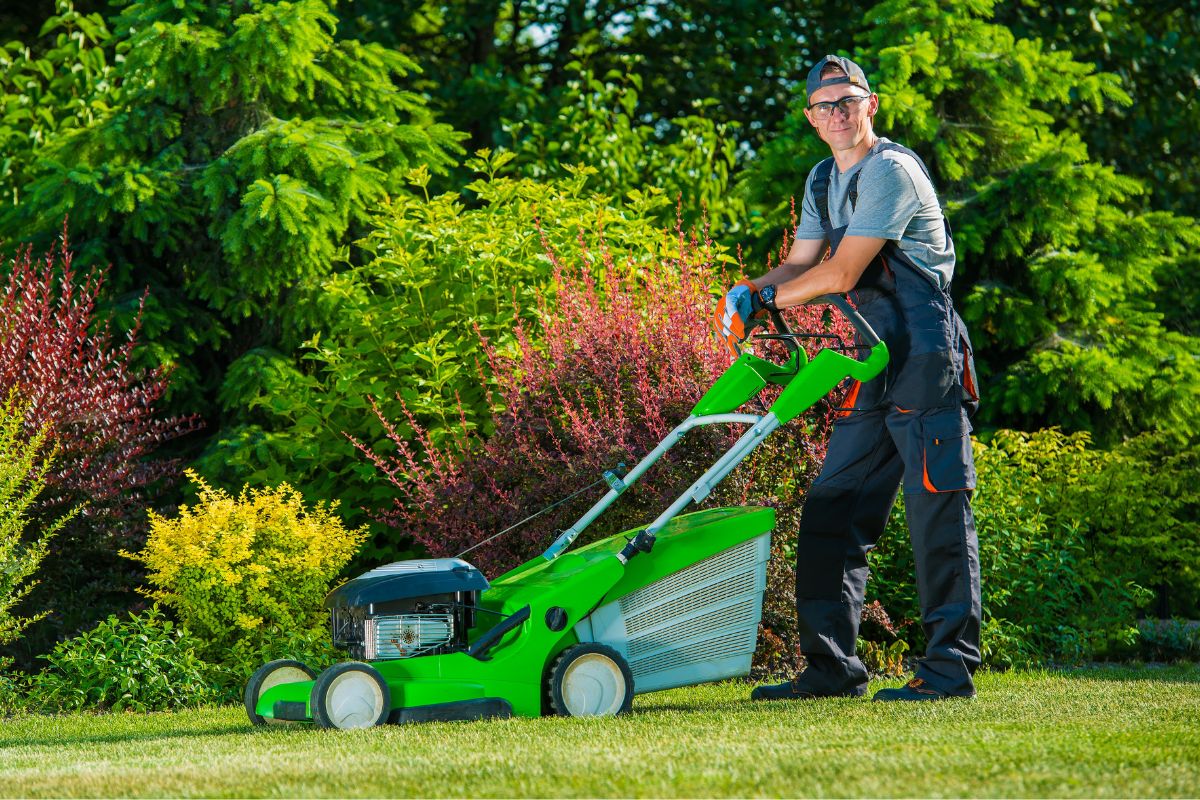 Photo of a man mowing lawns in a garden field.