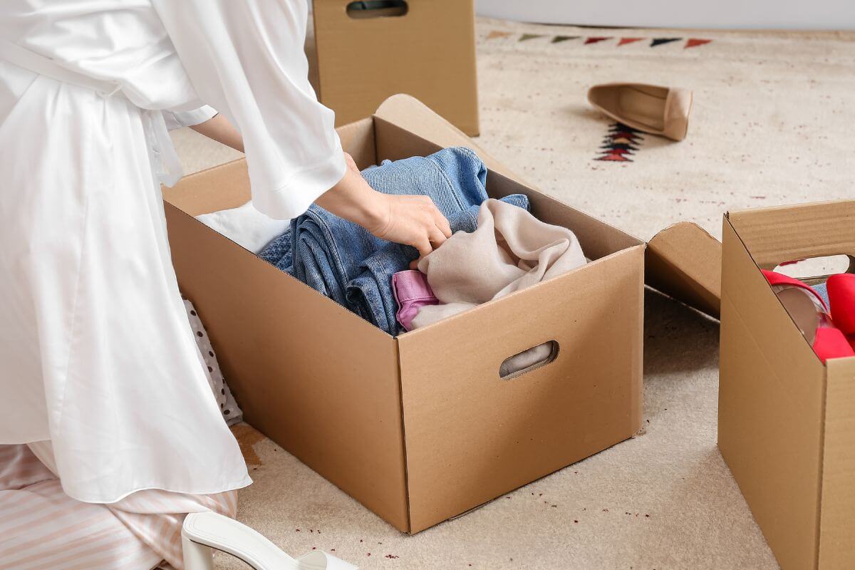 The image shows boxes filled with stuff and a girl organizing it which means giving experience over gifts can reduce decluttering and waste at home.