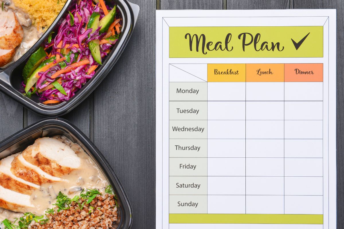 The picture shows meals and a piece of paper with a meal plan.