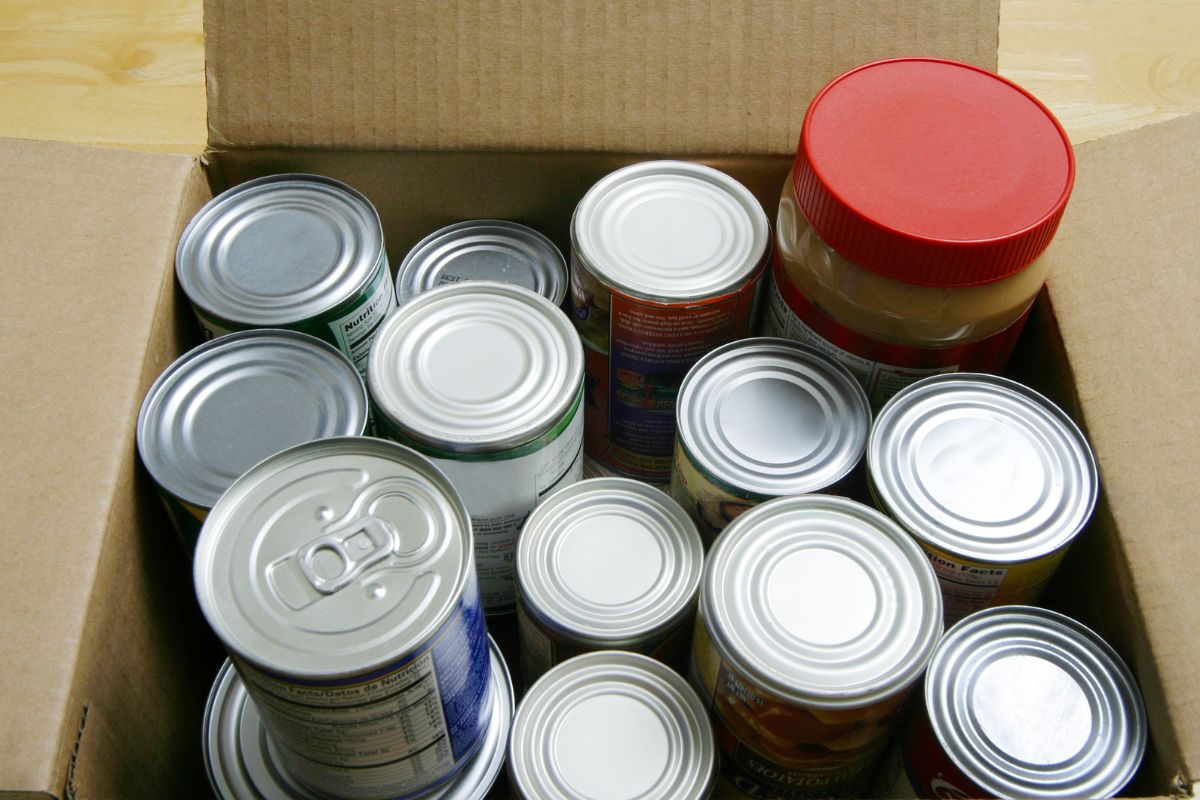 The picture shows canned goods in a box.