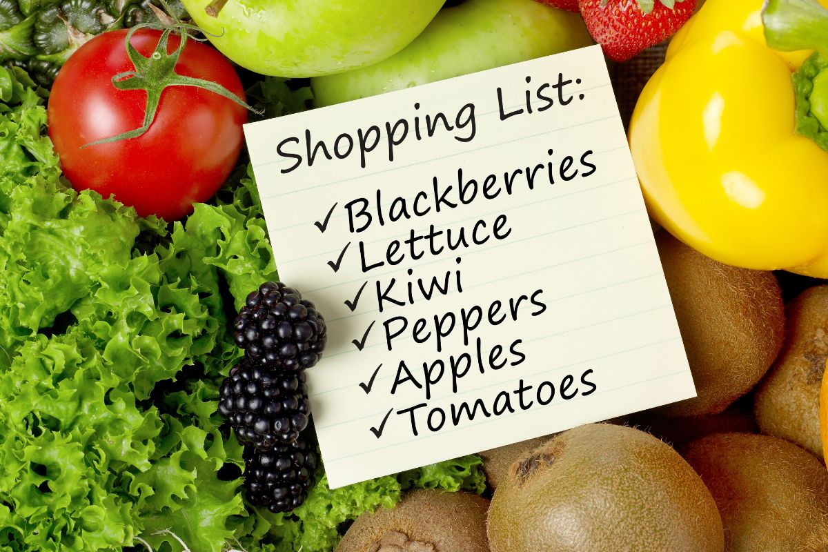 The image shows fruits and a shopping list.
