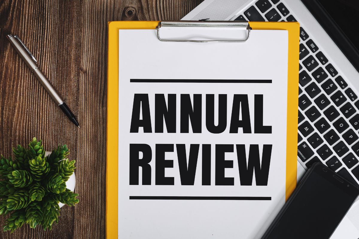 Image of a paper with annual review wording.