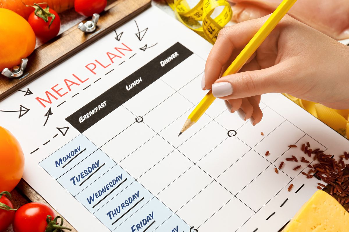 A woman's hand is creating a meal plan.