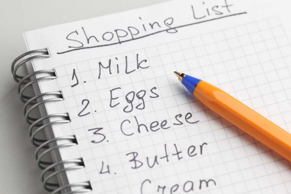 Photo of a notebook with a shopping list.