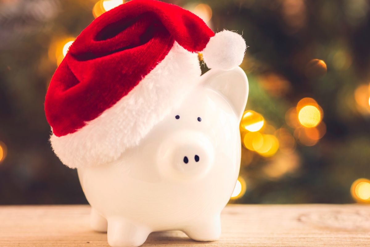 Image of a piggy bank with a Christmas hat.