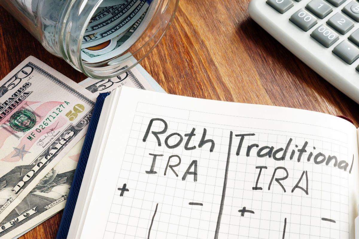Photo of a notebook with Roth and traditional IRA wording.