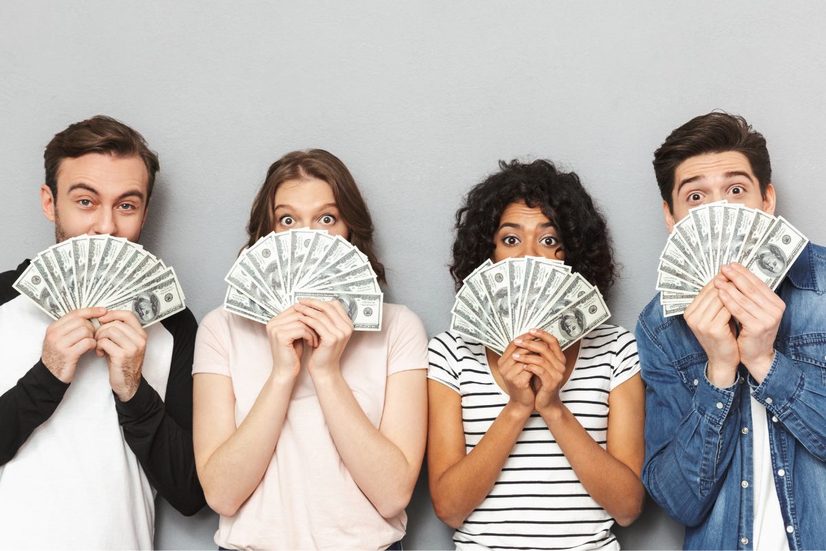The image shows people with money.
