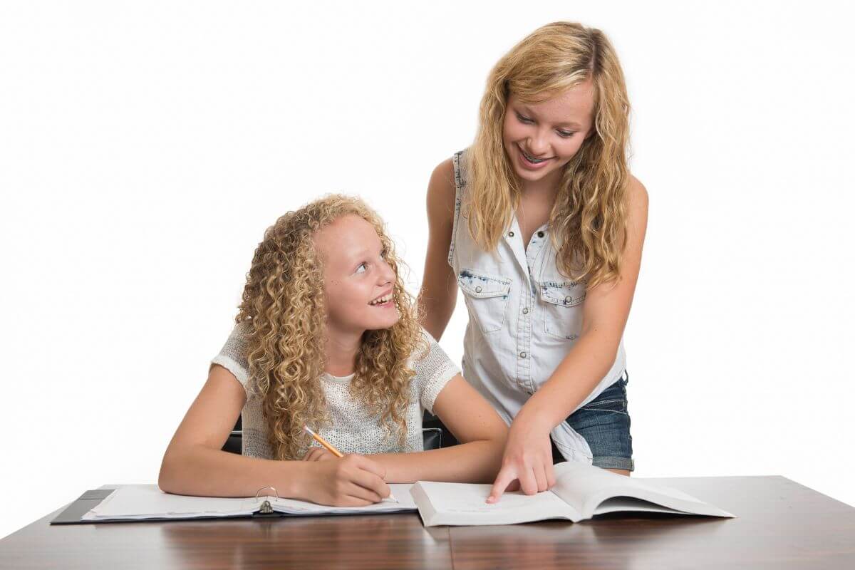 The picture of a teen teaching a grade school student with materials on the table refers to offering tutoring services in subjects, helping other students improve, and sharpening your knowledge while earning.