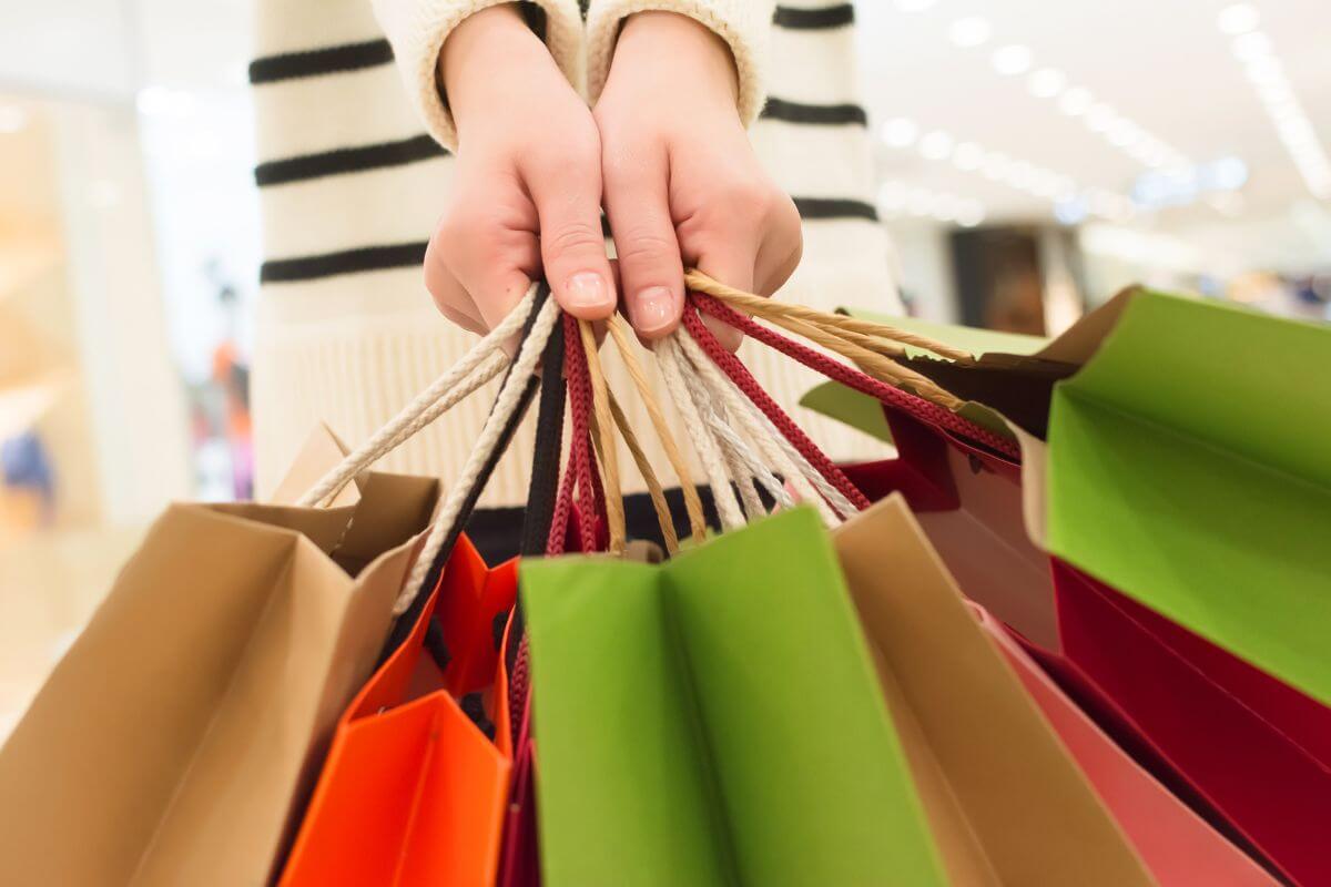 The picture of the girl's hand holding shopping bags means to avoid impulse buying and stick to your budget and helps you prioritize the things that truly matter.