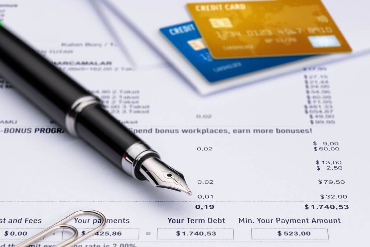 The picture tells about a pen, clip, cards, and a piece of paper with a bank statement referring to only making minimum payments on credit cards, which keeps you in debt for longer costs and more in interest.