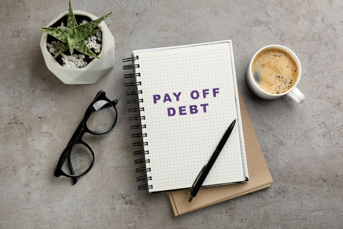 The image shows a plant, an eyeglass, a coffee, a pen, and a notebook with notes referring to creating an action plan for paying off debt, which helps you see clear steps toward freedom from it.