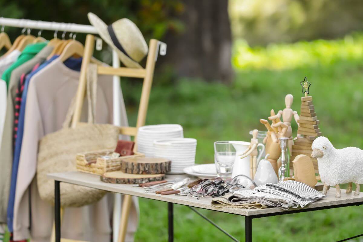 The image tells about the stuff displayed on the table and in the yard which means to sell unused items for extra cash to put toward debt. 