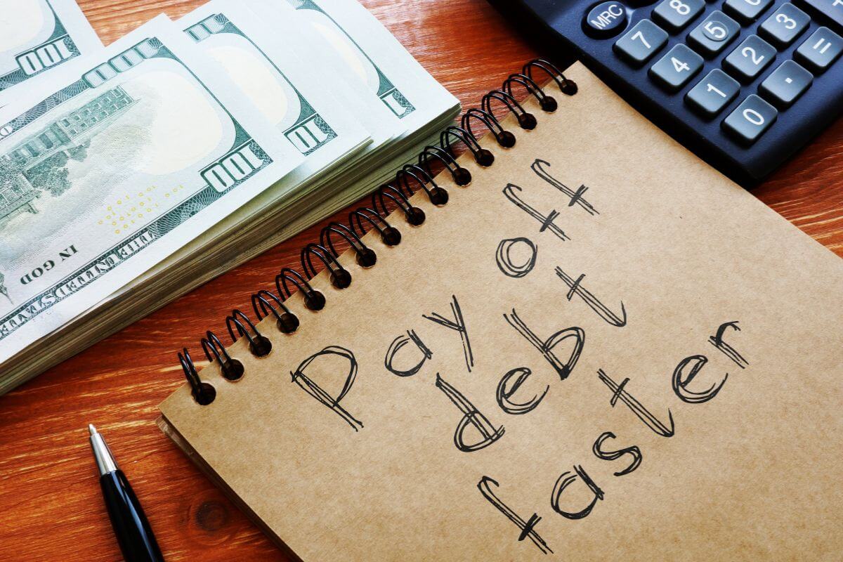 The image tells about a dollar bill, a calculator, a pen, and a notebook with notes referring to finding interesting ways to pay off debt faster by staying focused and exploring creative strategies that can speed up your progress and regain control of your finances.