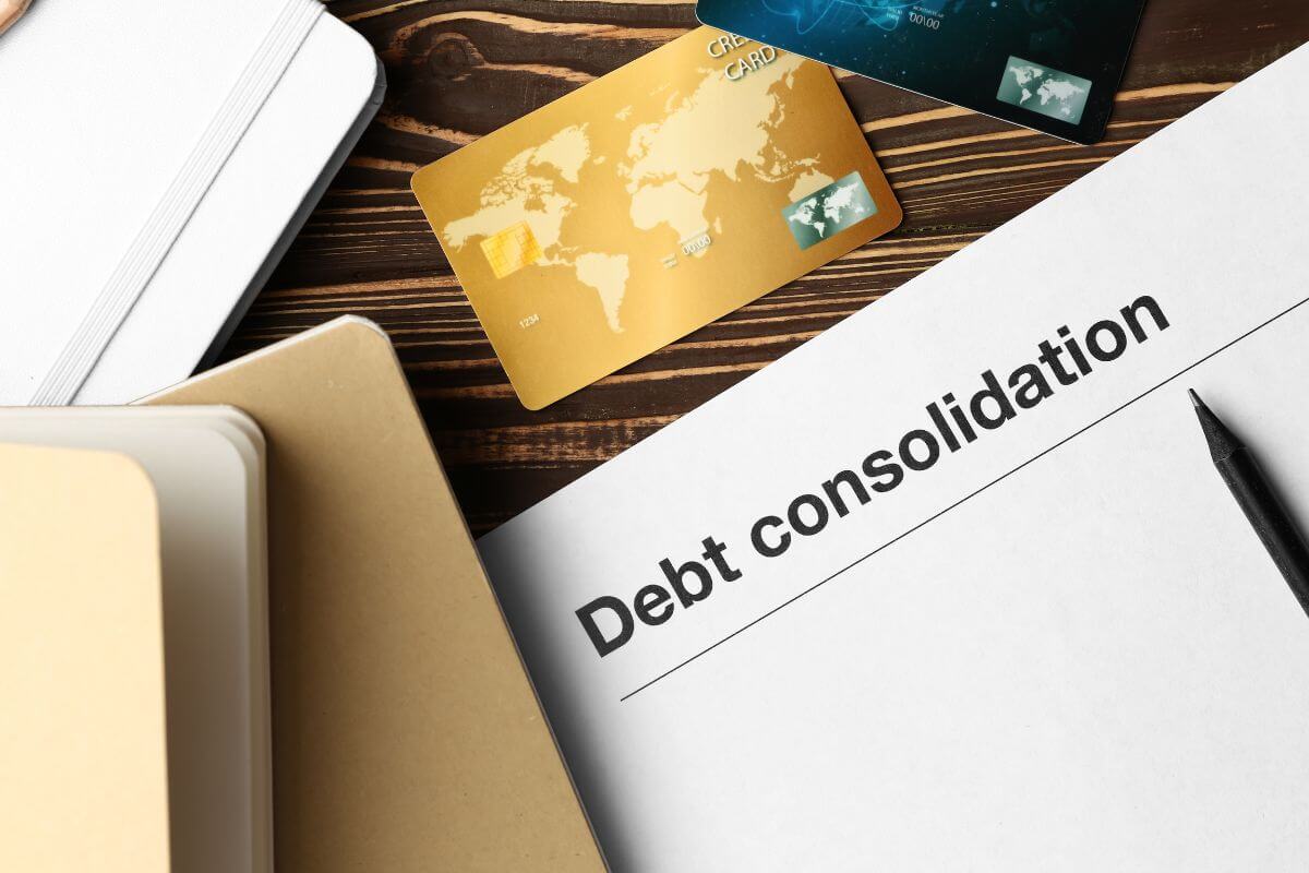 The photo shows a notebook, credit cards, a pen, and a piece of paper with notes indicating to consider consolidating or refinancing high-interest debt can help you lower monthly payments and interest rates.