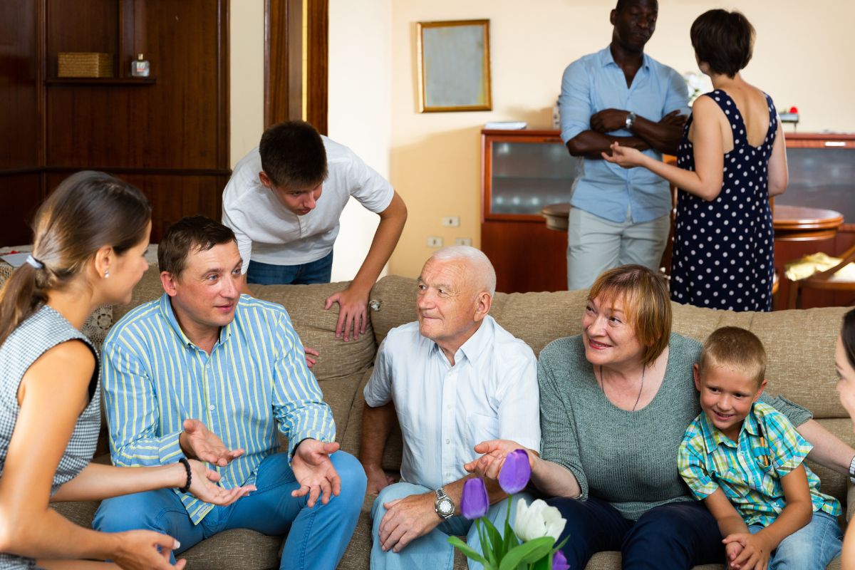 The image shows a family discussion.