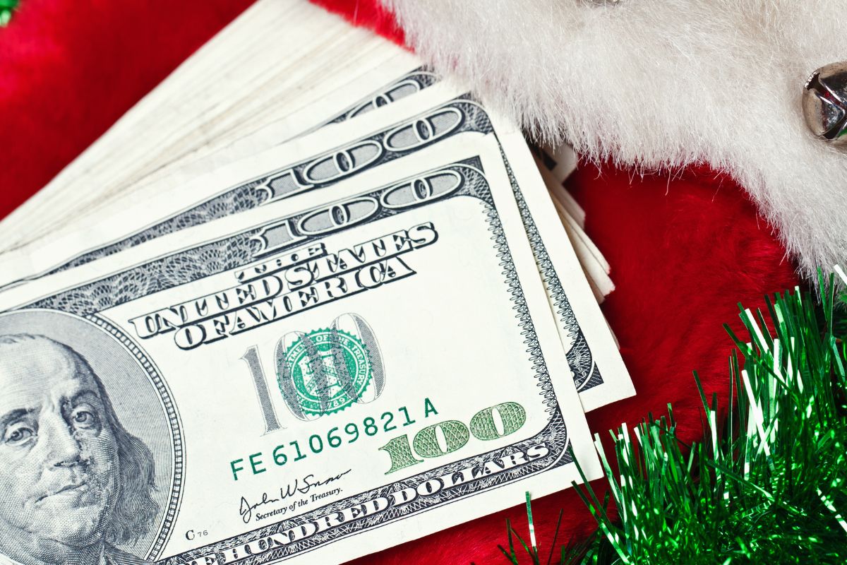 Image of Christmas decorations and money.