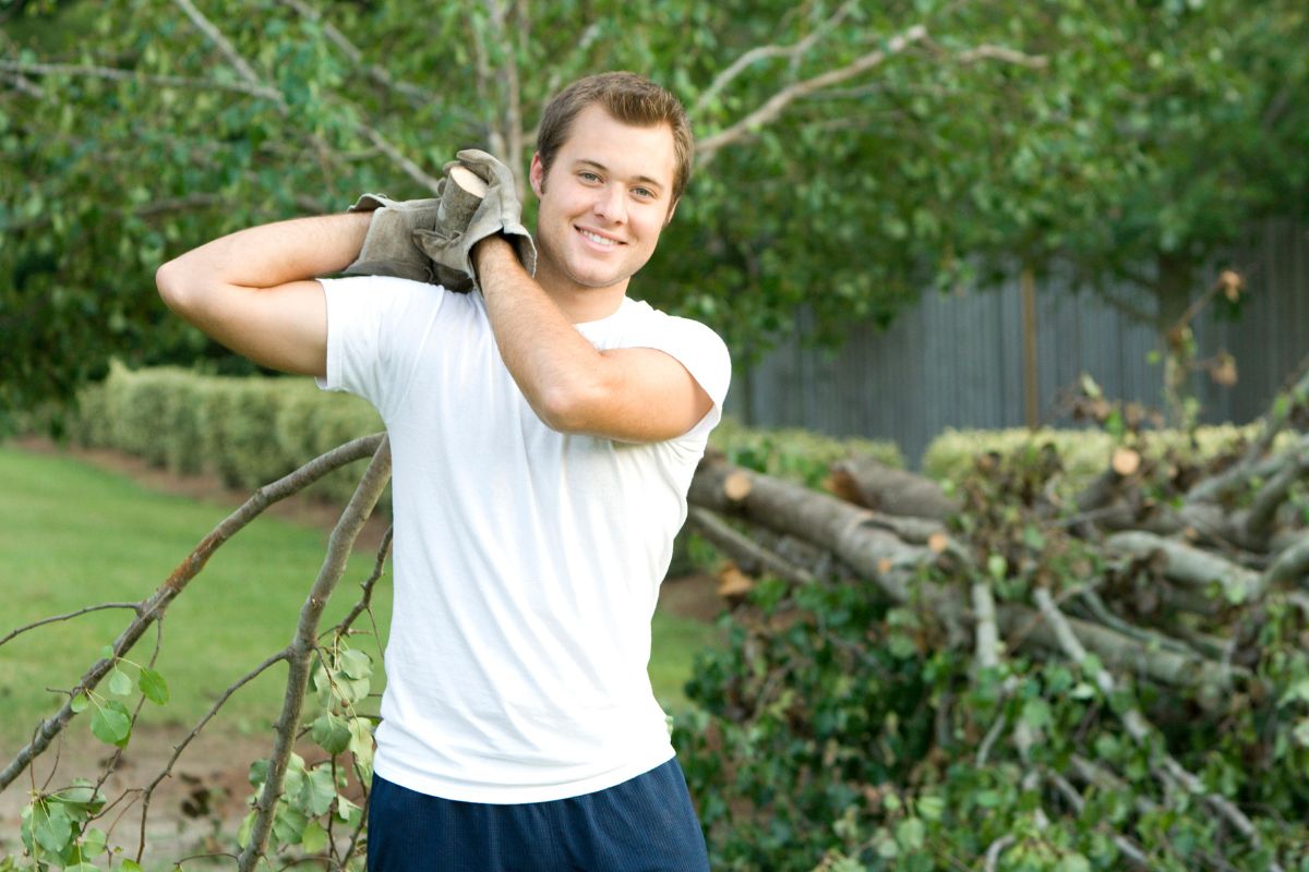 A man cleaning the cut tree trunk.