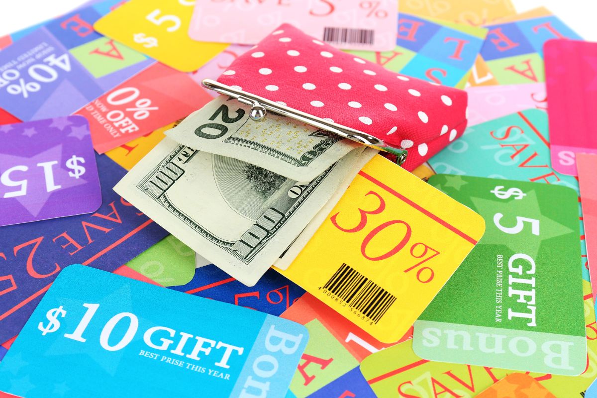 Picture of money and coupons.
