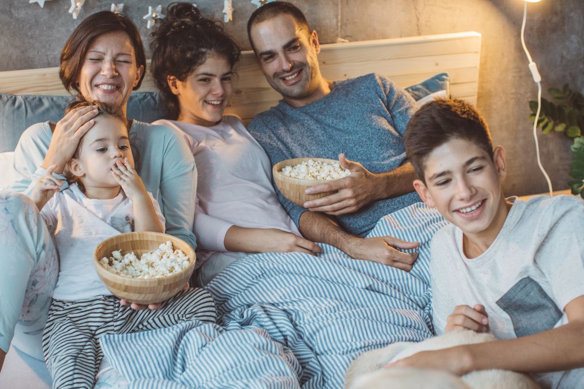 A family watching a movie marathon.