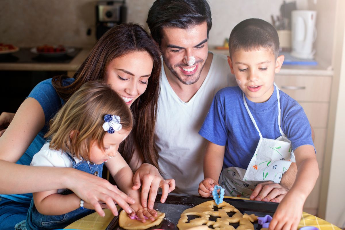 A family baking cookies together.