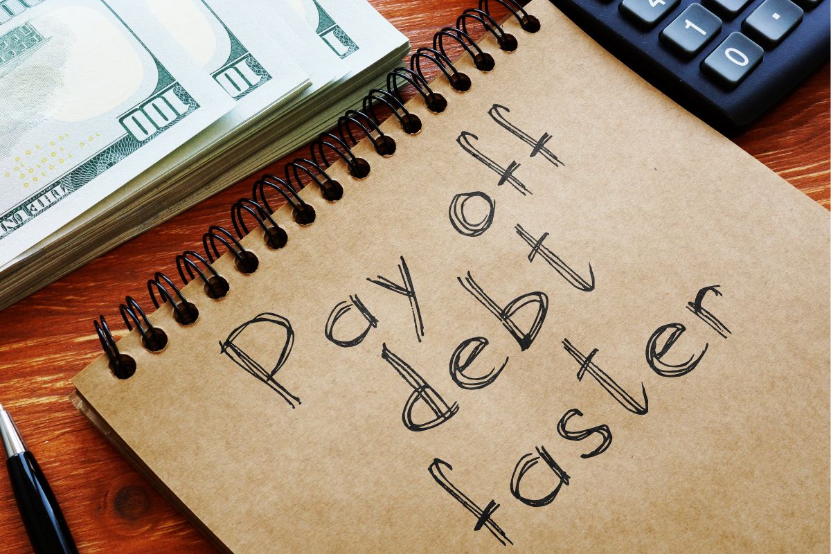 The picture shows a notebook with pay-off debt faster wording.