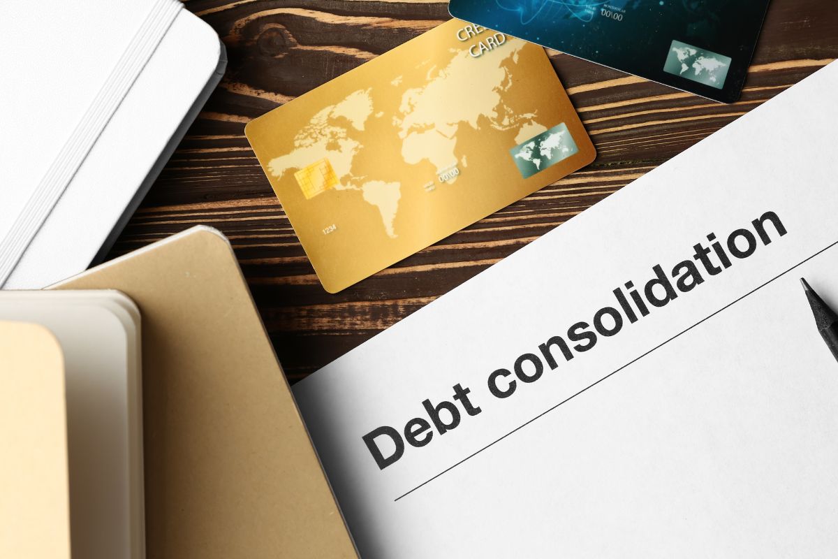 Image of credit cards and debt consolidation wording.