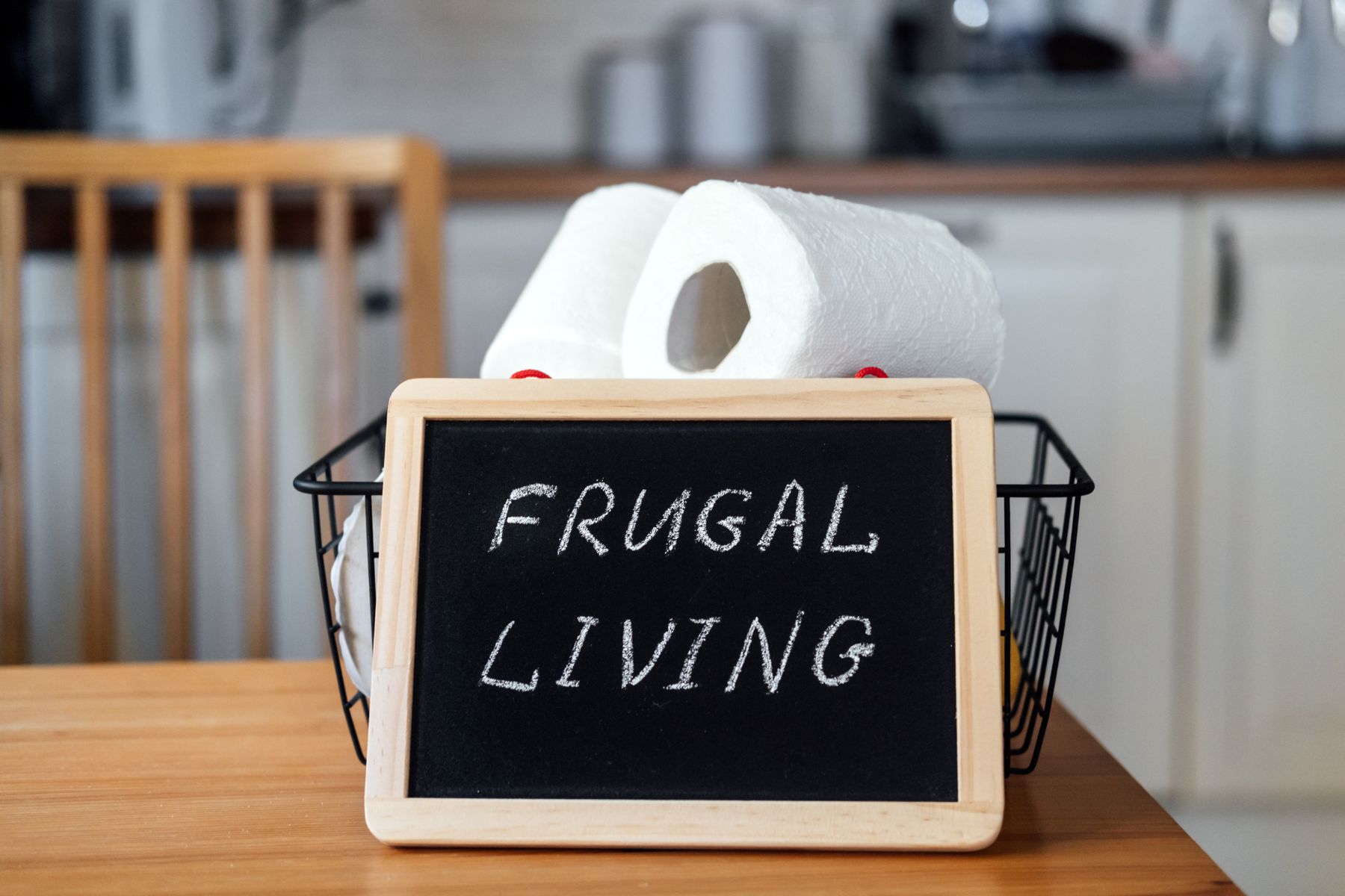 Image of a board with frugal living wording.
