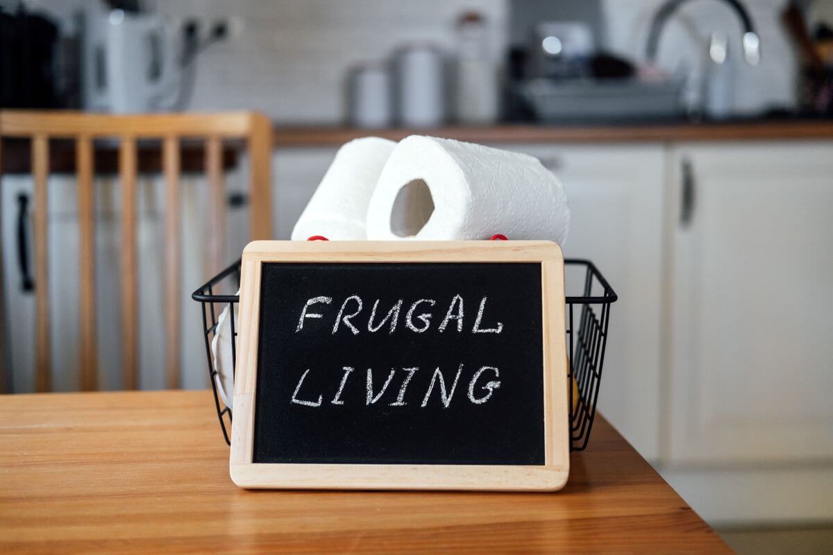 The photo tells about the tissues in the container and a black board with notes representing of why frugal living is important.