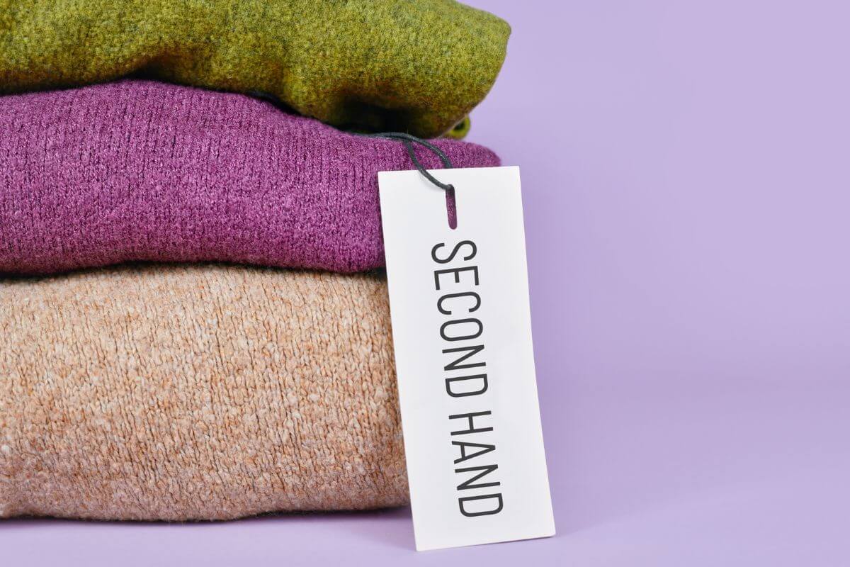 The image shows fabrics and a tag with notes referring to buying second-hand clothes as an easy way to save money while reducing waste.