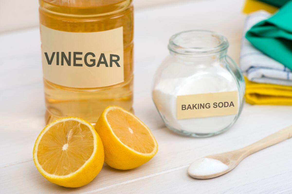 The picture tells about the fabrics, vinegar in the bottle with a label, sliced lemon, and a soda in the jar and spoon indicating to make your own cleaning supplies save money and reduce exposure to harmful chemicals.