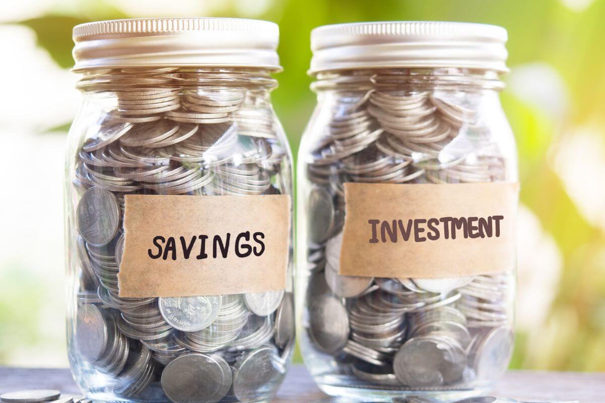 The photo of jars filled with coins and notes refers to automating savings and investments to grow money while you focus on other things.