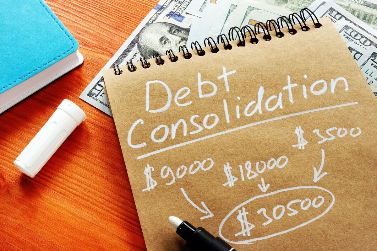 The photo tells about dollar bills on the table, a notebook, a marker, and a brown notebook with notes which represents to consider consolidating or refinancing debts can lower payments and make debt easier to manage.