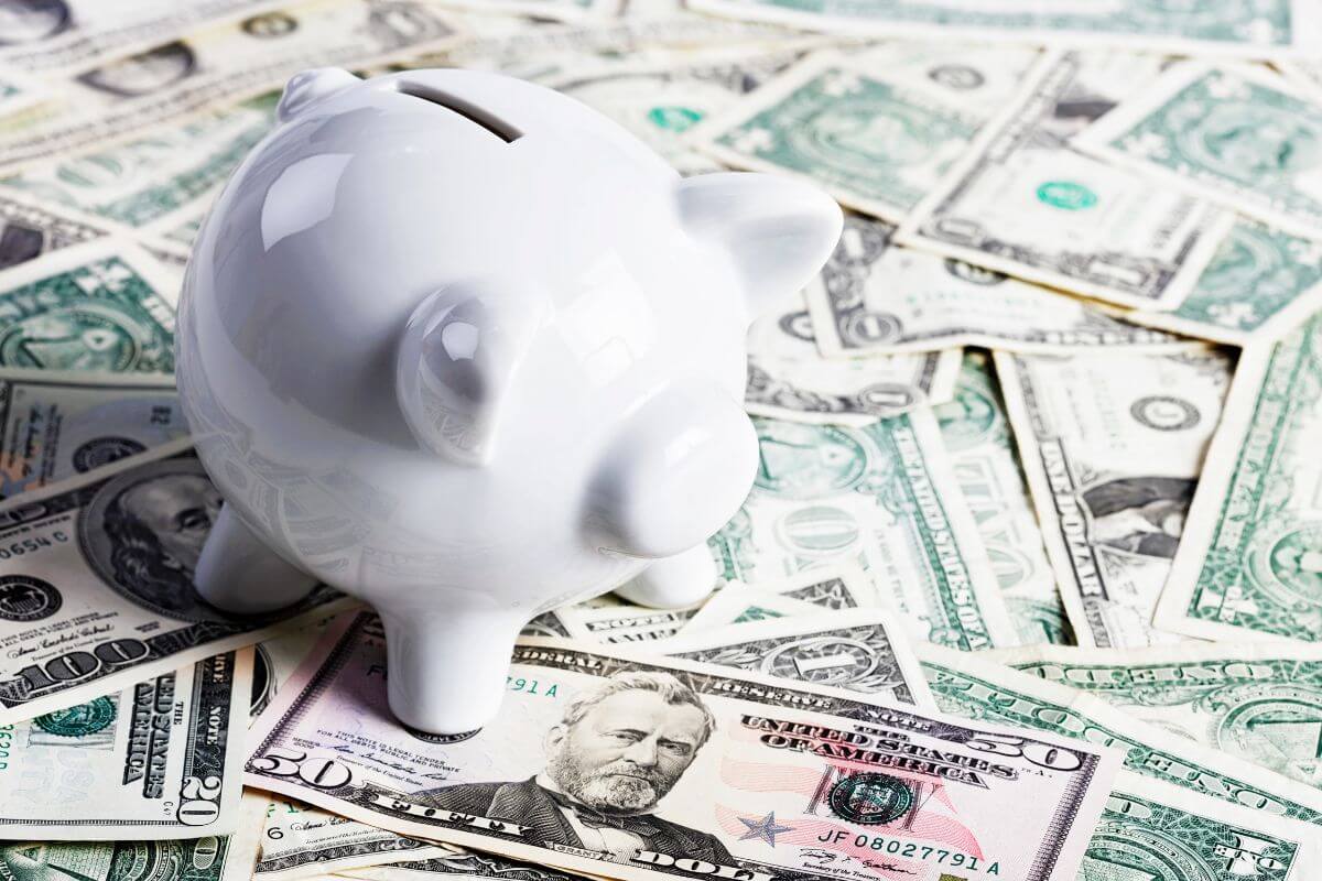 The picture shows dollar bills and a piggy bank which means a saving for future large expenses helps avoid and keeps your finances stable.