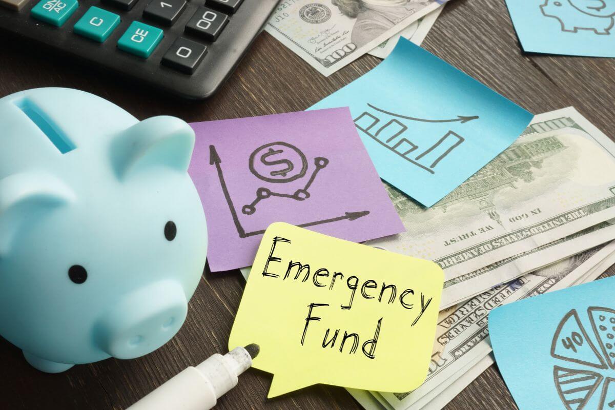 The photo tells about a calculator, dollar bills, papers with graphs, a marker, a piggy bank, and a piece of yellow paper with notes representing of ability to manage financial emergencies and staying organized gives you peace of mind and control over your money.