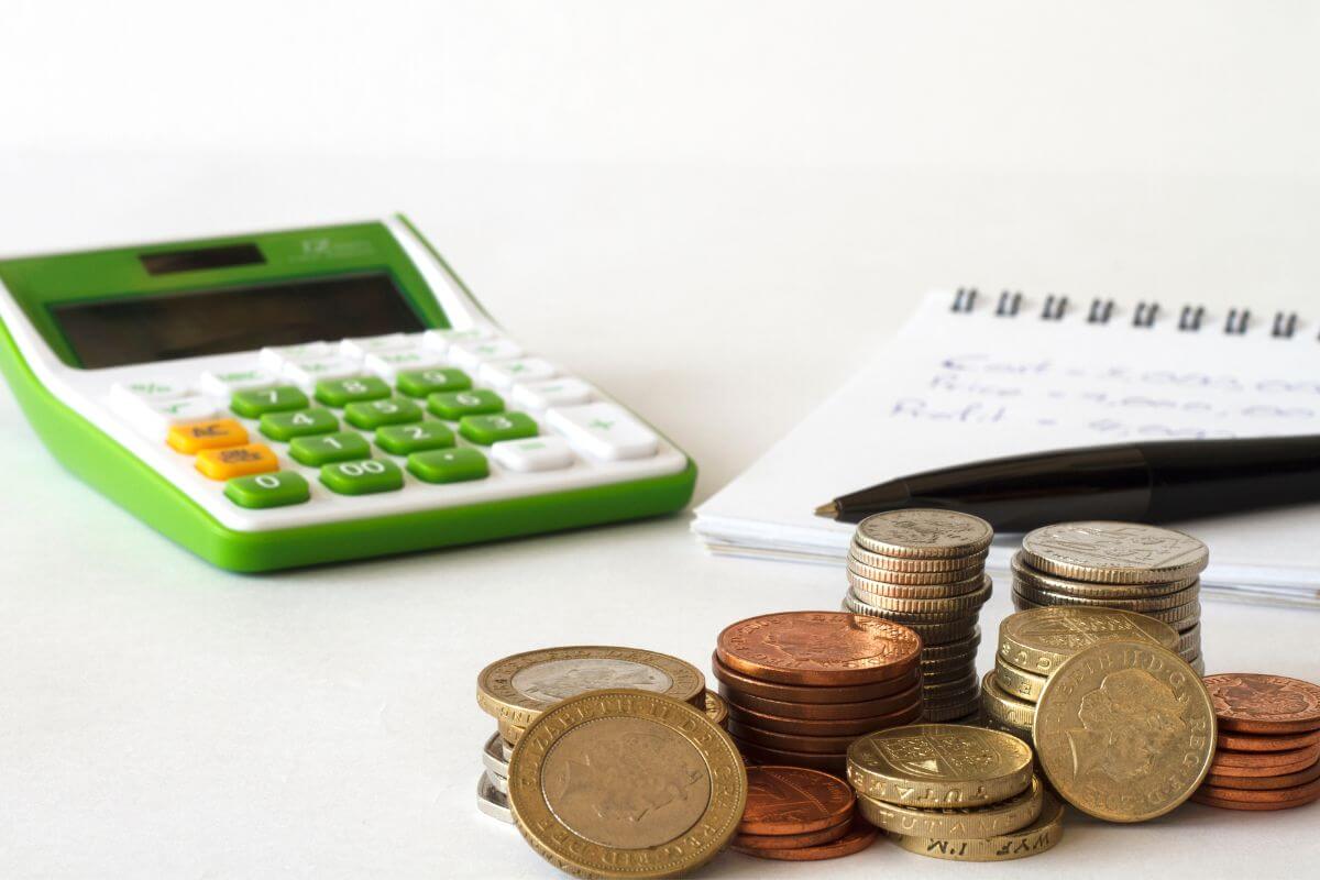 The image shows a calculator, coins, a pen, and a notebook with notes referring to financial records and account organized makes it easier to manage your finances and plan for the future.