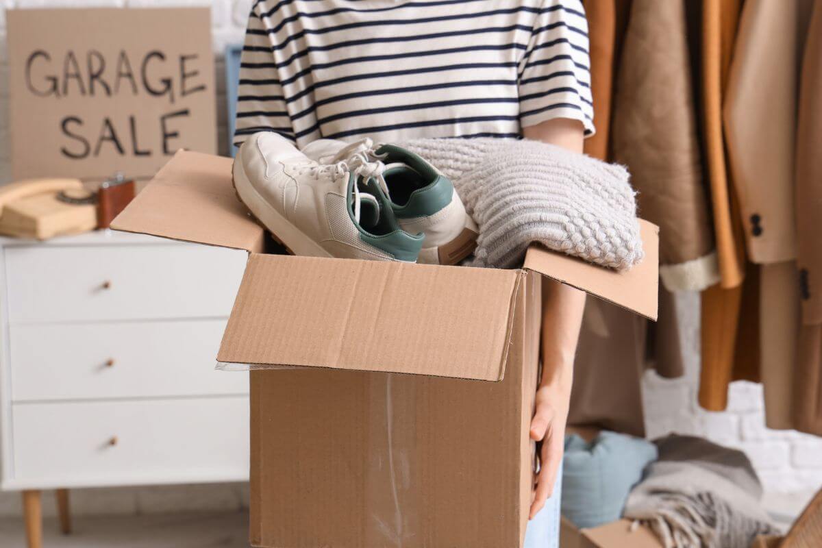 The image shows stuff displayed behind, a poster with notes, and a girl carrying a box with things which refers to selling unused items so the money you earn can go straight toward paying down debt.