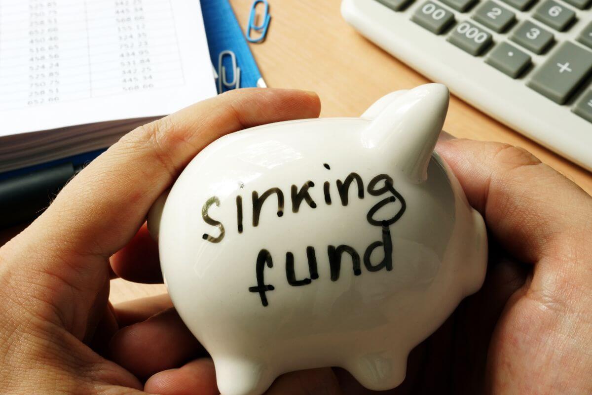 The picture tells about a calculator, clips, papers, and a man's hand holding a piggy bank with notes which refers to starting a sinking fund for irregular expenses to prevent surprises or stress when the bills hit.
