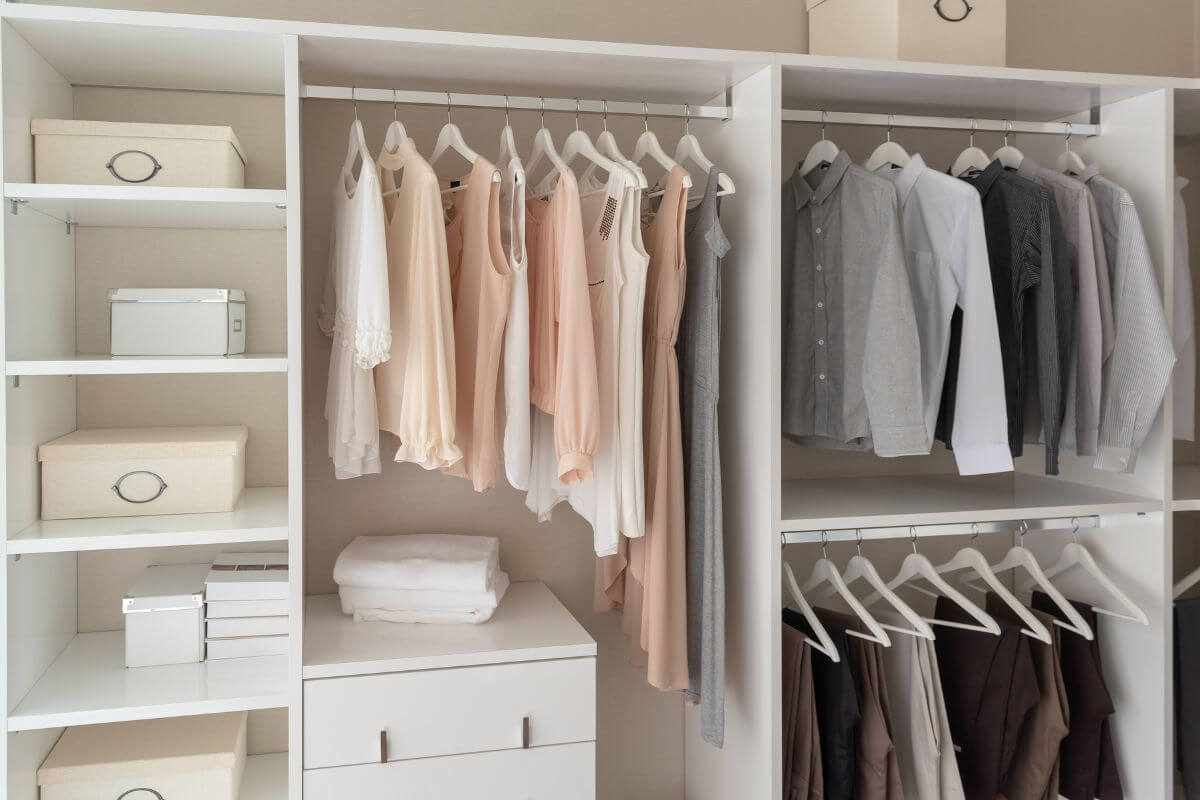 The picture of a cabinet with clothes, boxes, and towels means trying a minimalist wardrobe means spending less while still looking great.