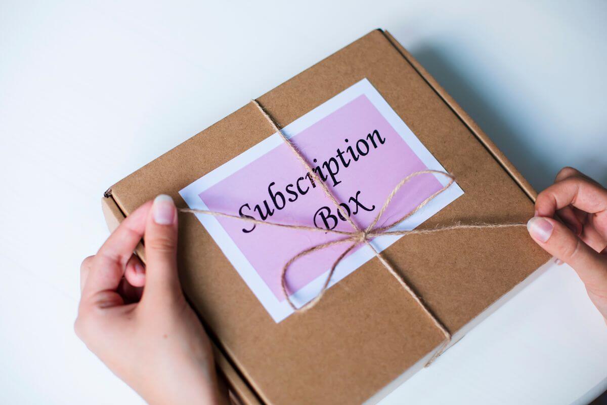 The image shows a girl's hand tying a box with notes referring to providing subscription box curation and delivery to attract customers and build recurring income.