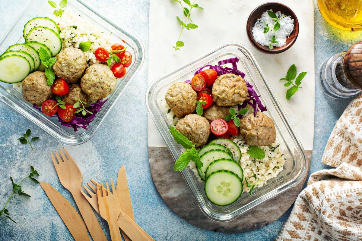 The picture shows a wooden fork and knife, a bowl of salt, and containers with food which refers to offering personalized meal prep that helps others while boosting your income.