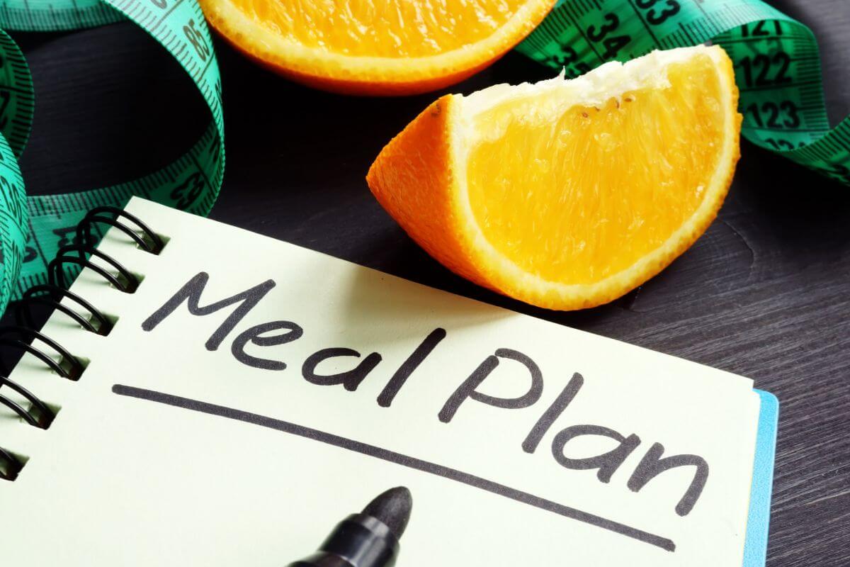 The picture tells about a tape measure, an orange, and a notebook with notes referring to planning and prep meals that cut food waste and save money.