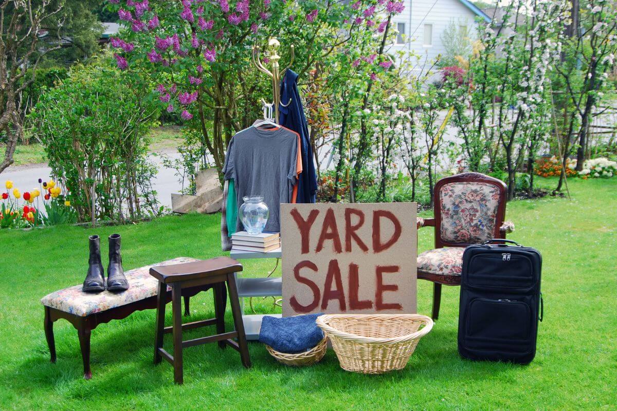 The image shows furniture, a basket, clothes, and signage indicating to sell unused items for extra cash and boost your savings or pay debts.