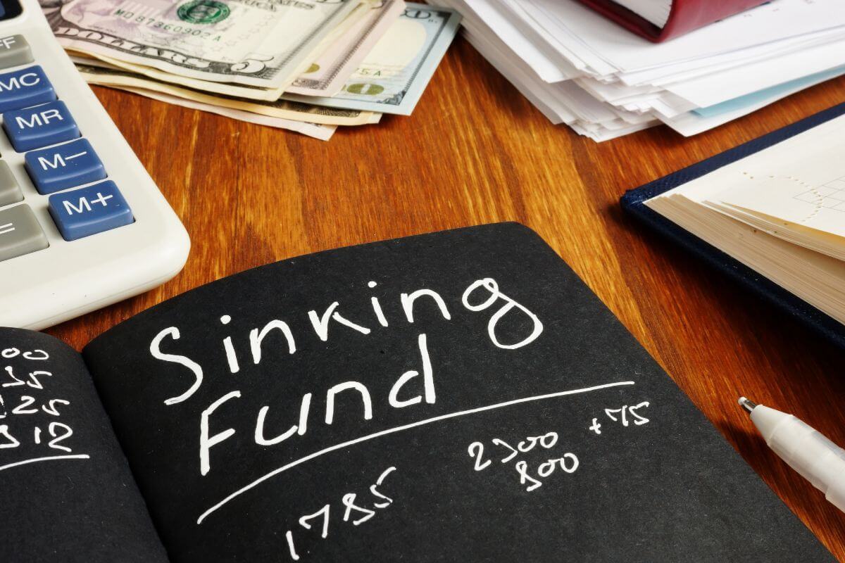 The photo shows dollar bills, papers, a calculator, a pen, and a black notebook with a white marker which refers to starting a sinking fund for large purchases that prevents you from needing credit or dipping into other savings.