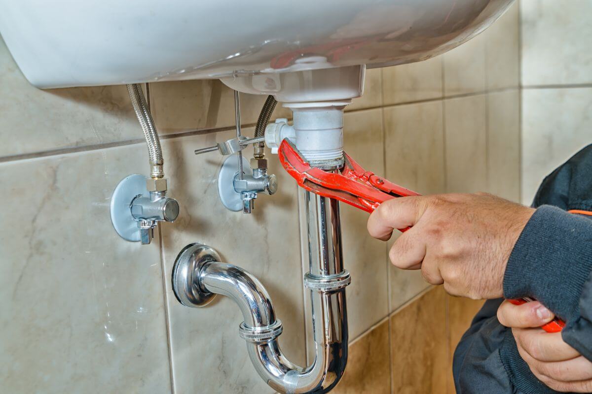 The photo shows a man's hand repairing the plumber drain which refers to DIY home repairs to save money on home improvements and keep repair costs low.