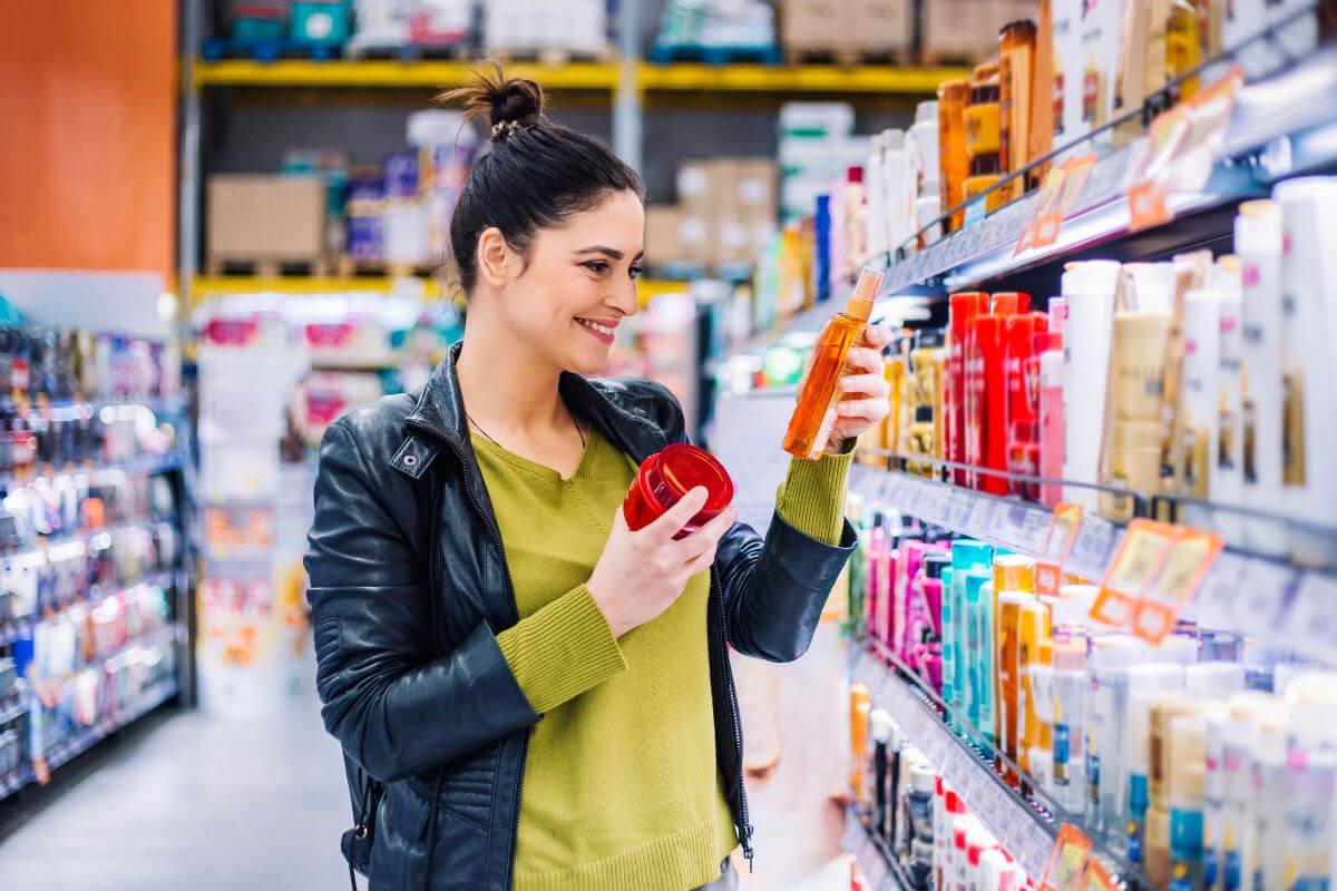 The photo shows product displays at the store and a girl picking up items to choose referring to buy generic products to save money on groceries and essentials.
