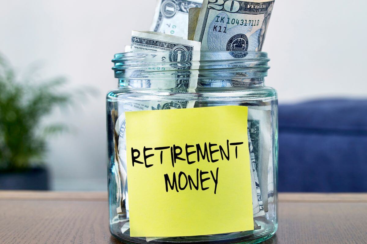 The photo tells about a jar filled with dollar bills and a piece of paper with notes referring to increased retirement contributions that help your retirement fund grow faster without changing your current budget.