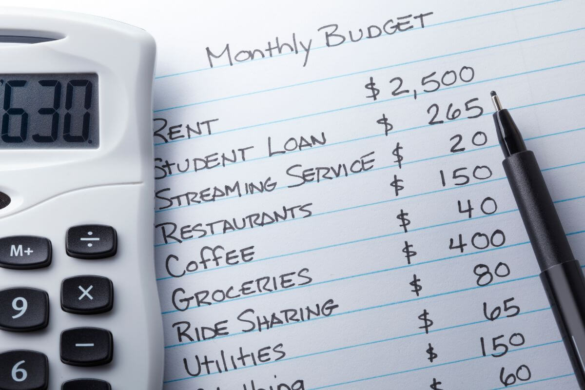 The picture tells about a pen, a calculator, and a piece of paper with notes referring to setting a realistic monthly budget that ensures you stay on track and puts your money to work where it matters most.
