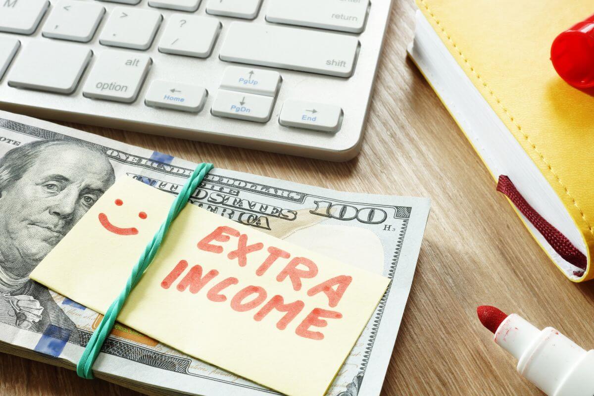 The image shows a keyboard, a notebook, a marker, and dollar bills with a note indicating to allocate extra income toward debt helping you reduce balances faster and save on interest.