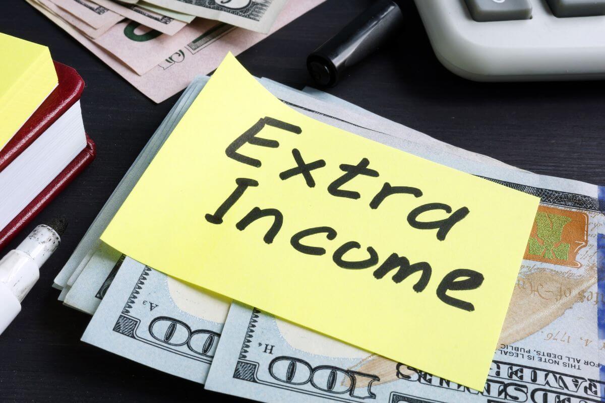 The photo shows a calculator, dollar bills, a marker, a notebook, and a piece of paper with notes indicating to look for ways to earn extra income to boost the safety net or pay down debt.
